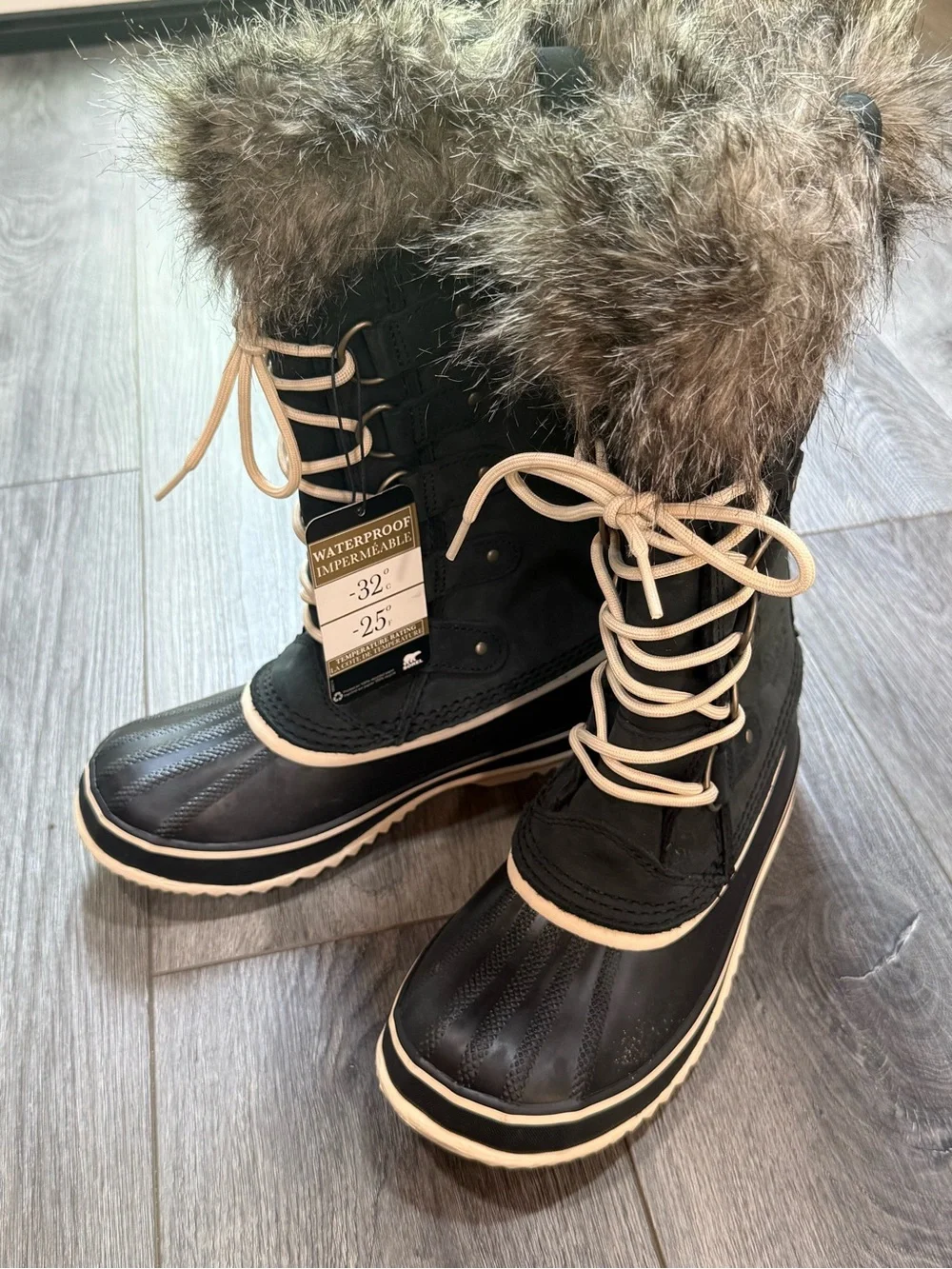Sorel Black Faux Fur Women's Winter Boots with Cream Accents